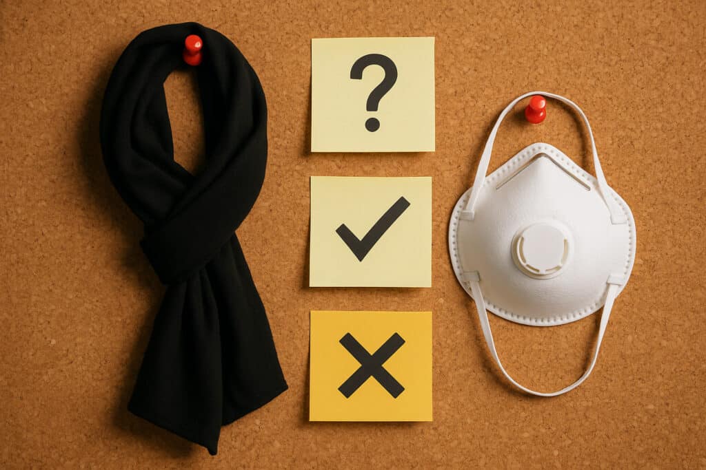 Scarf and respirator on corkboard
