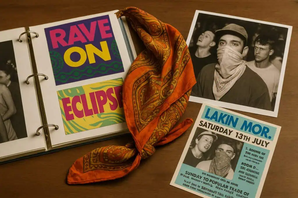 Orange bandana, rave flyers, photo