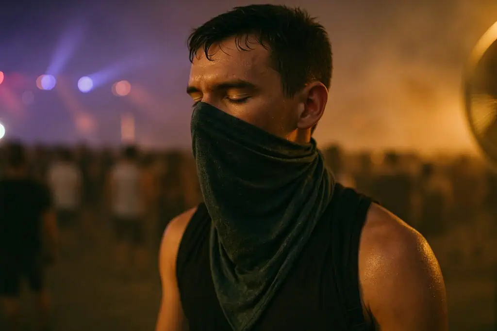 Man with scarf covering mouth at festival