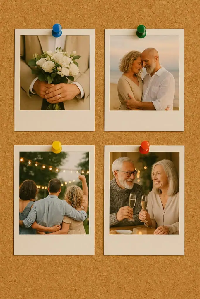 Four wedding celebration photos on corkboard