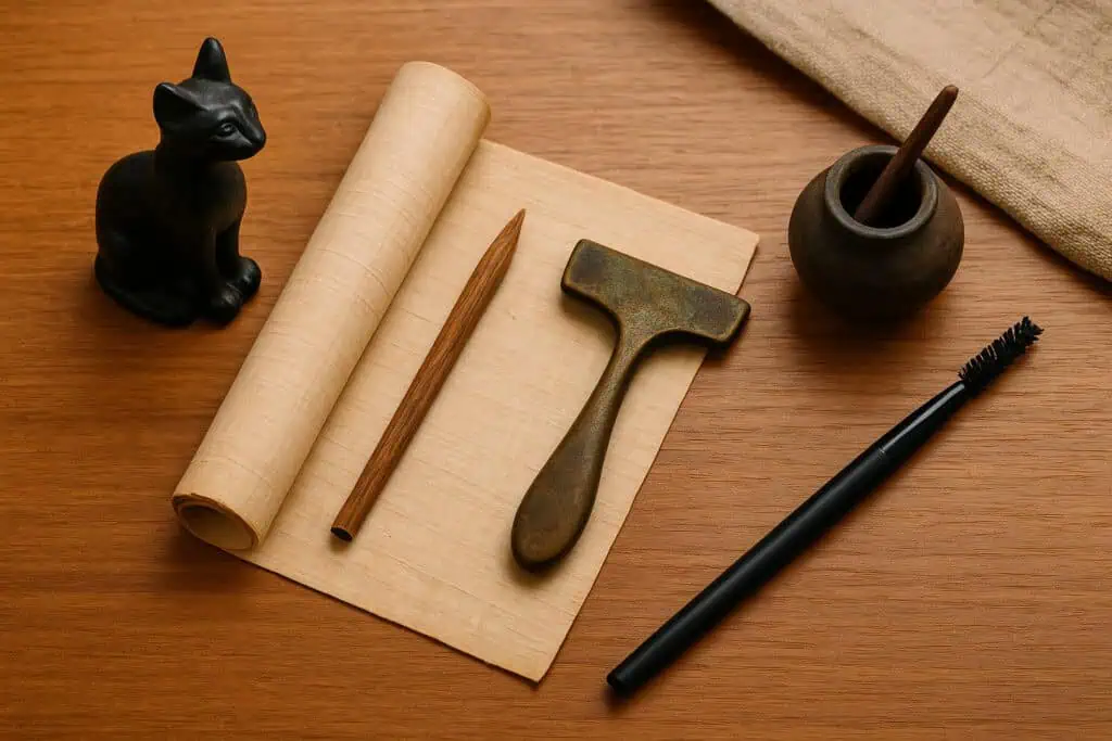 Cat statue, papyrus, and bronze razor.