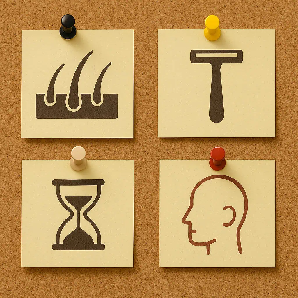 Sticky notes with hair, razor, hourglass icons.