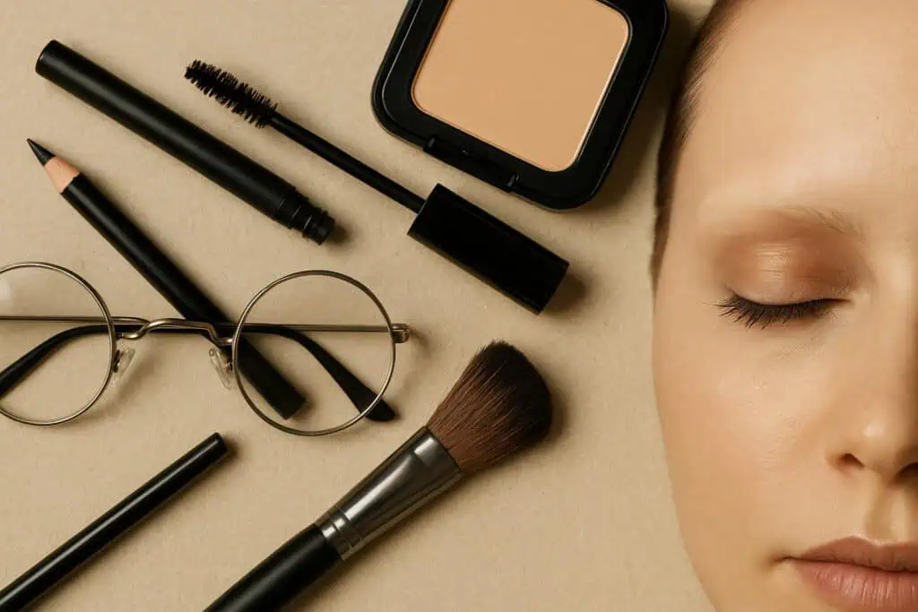 Makeup tools beside closed eye