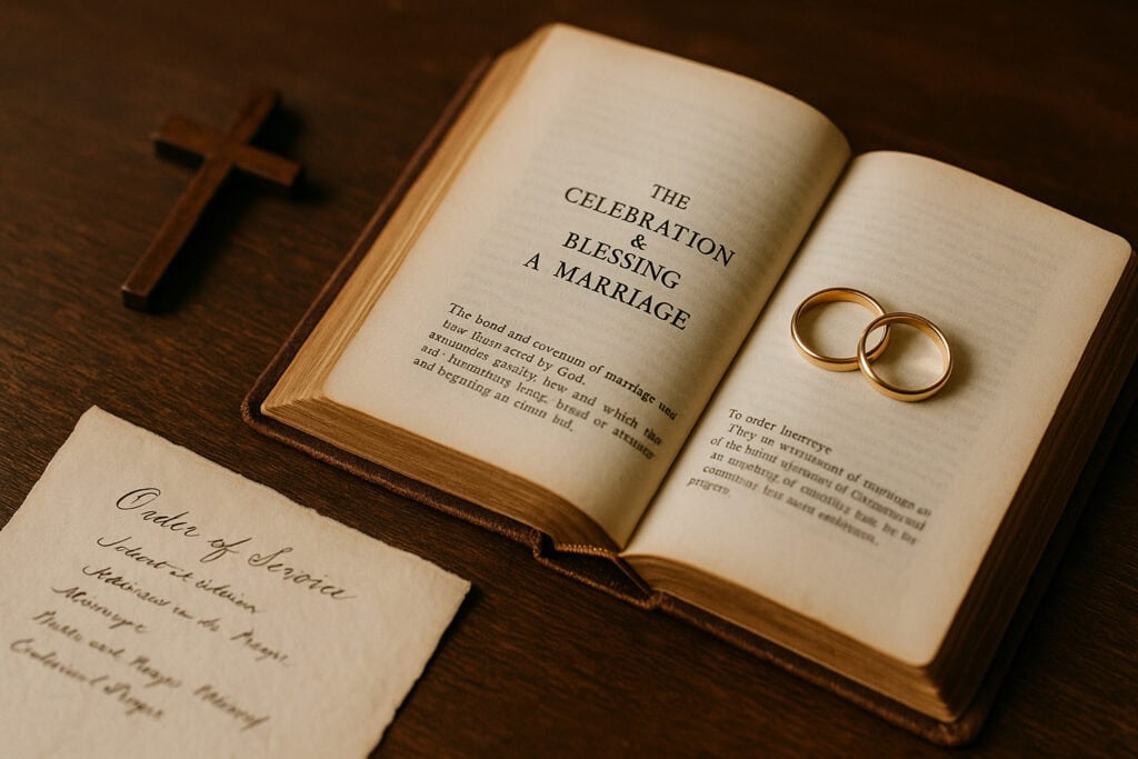 Open prayer book with rings and cross.