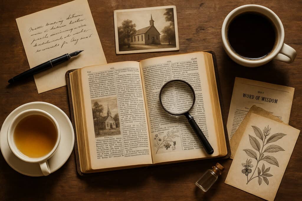 a tidy flat-lay of an old open book with a magnifying glass, a sepia church photo, botanical sketches of coffee and tea, a fountain pen, and two unlabeled cups (coffee and herbal tea) on a wooden desk