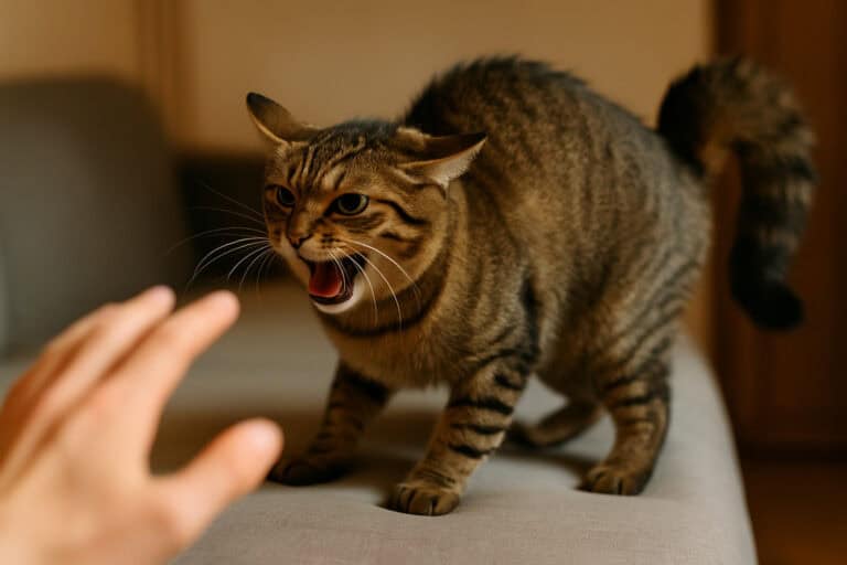 why do cats hiss at you? cinematic close-up of a tabby cat hissing on a sofa with ears flat and tail puffed as a human hand pulls back, warm natural light and shallow depth