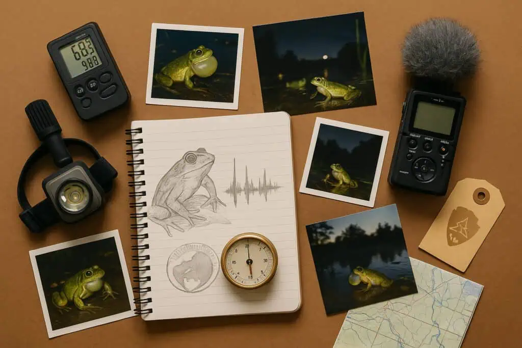 flat-lay of notebook frog sketch with call waveform, headlamp, hygrometer, portable audio recorder with windscreen, night frog photo prints, and a wetland map