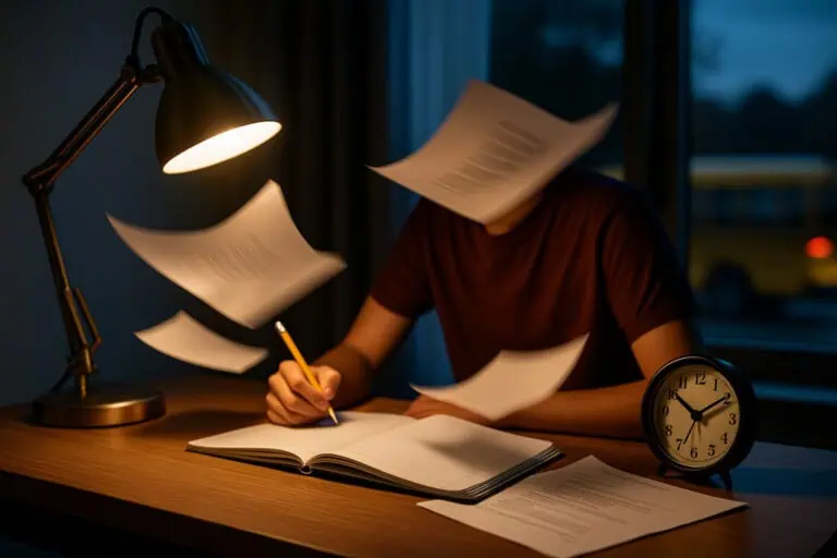 why was homework invented? a focused student writes in an open notebook at a desk while loose pages flutter in mid-air under a desk lamp, with a school bus blurred outside at dusk