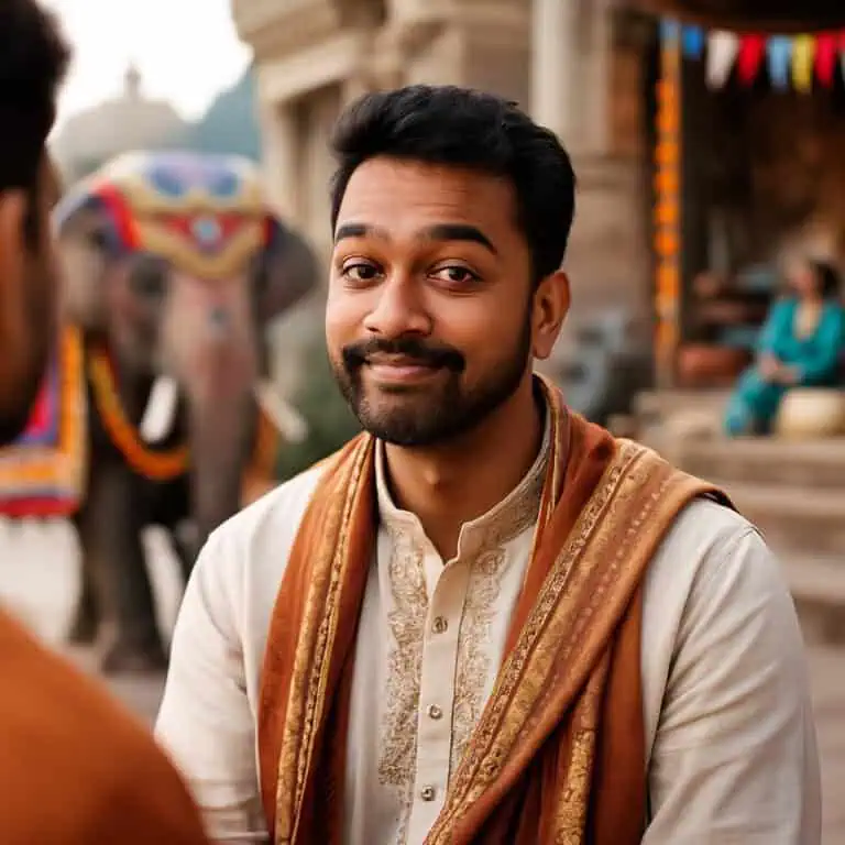 Man in cream kurta tilting head
