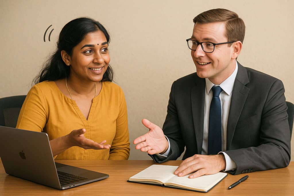 Woman in kurta, man, laptop, notebook
