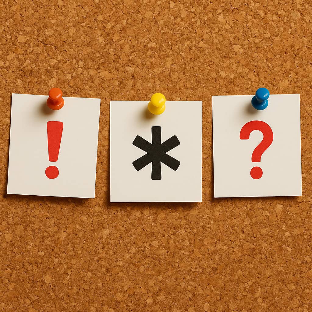 Corkboard with exclamation, asterisk, question notes