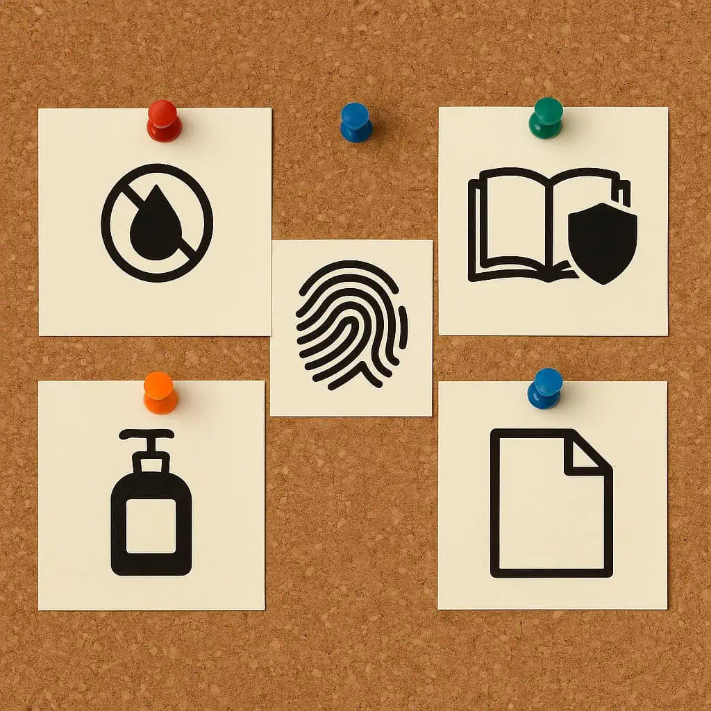 Corkboard with pinned icon cards