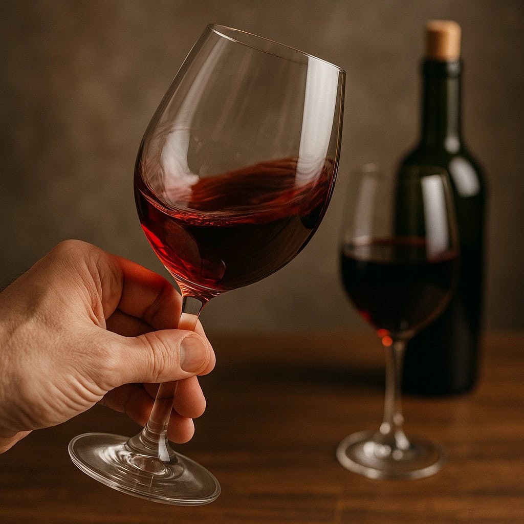 someone swirling a wine glass near a wine bottle