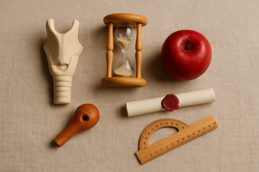 Cartilage model, wooden hourglass, red apple