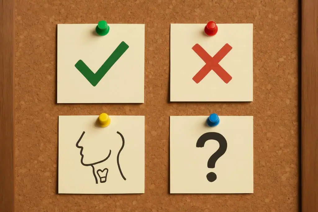 Cork board with check, X, larynx, question