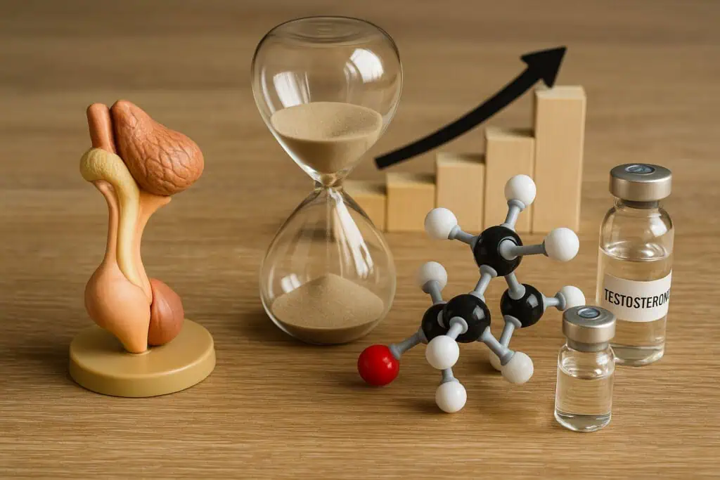 Hourglass, hormone vials, testosterone model