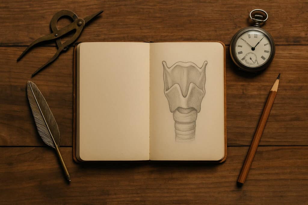 Open notebook with larynx drawing.