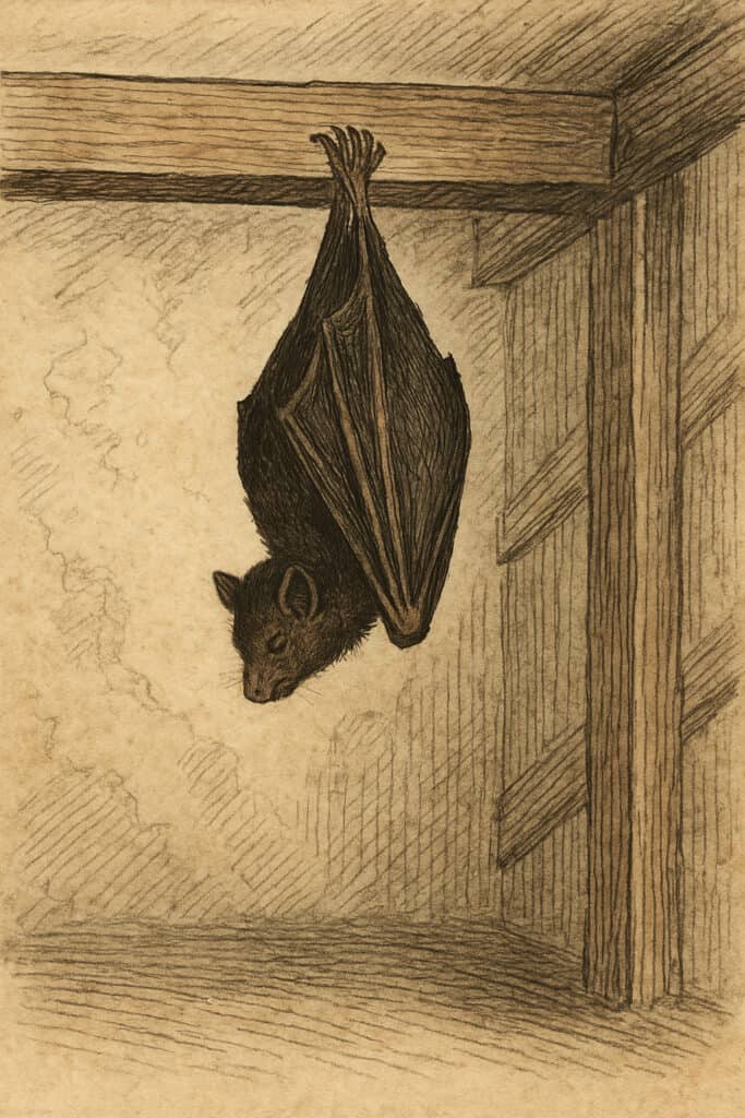 Bat hanging in wooden attic