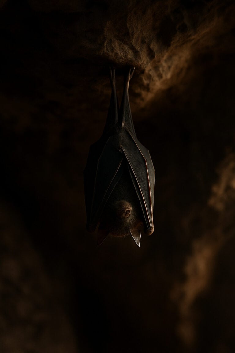 Bat hanging from cave ceiling