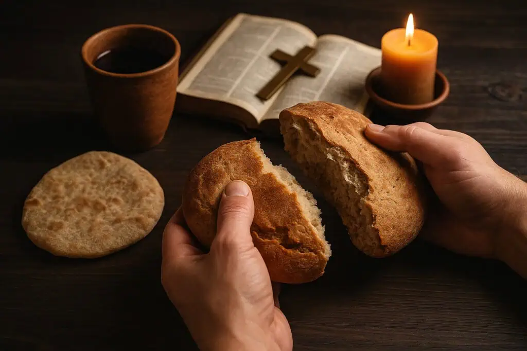 Hands breaking bread, candle, open Bible