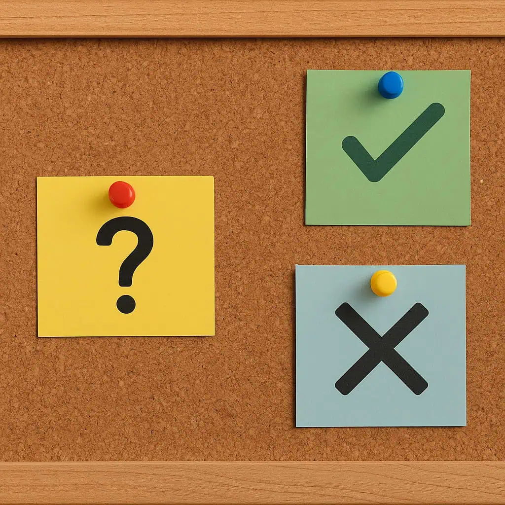 Corkboard with checkmark, X, question mark