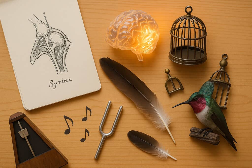 Feather, glass brain, tuning fork, birdcage