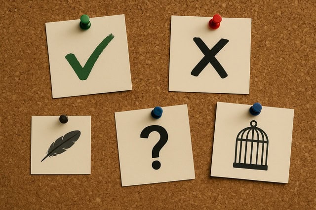 Cork board with check, X, question pins