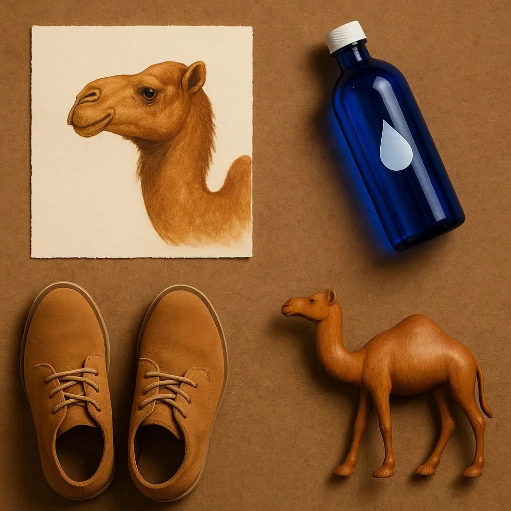Camel illustration, boots, bottle figurine