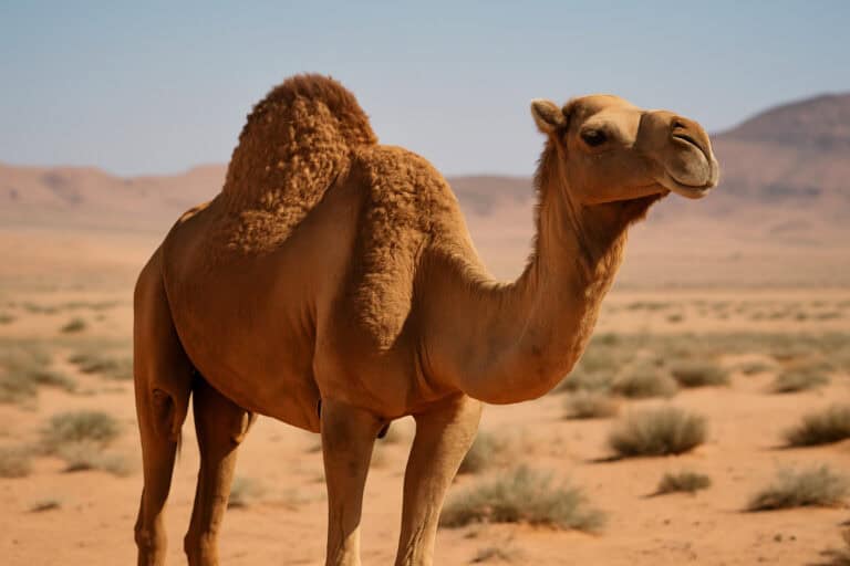 Camel standing in desert sunlight