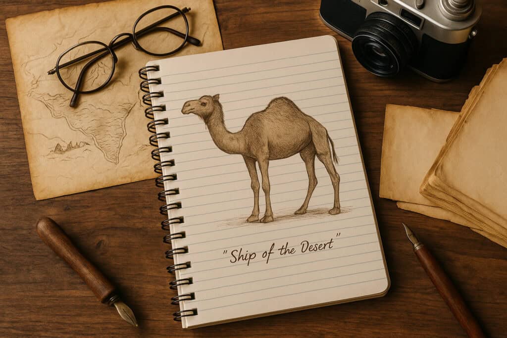 Camel sketch on notebook with tools