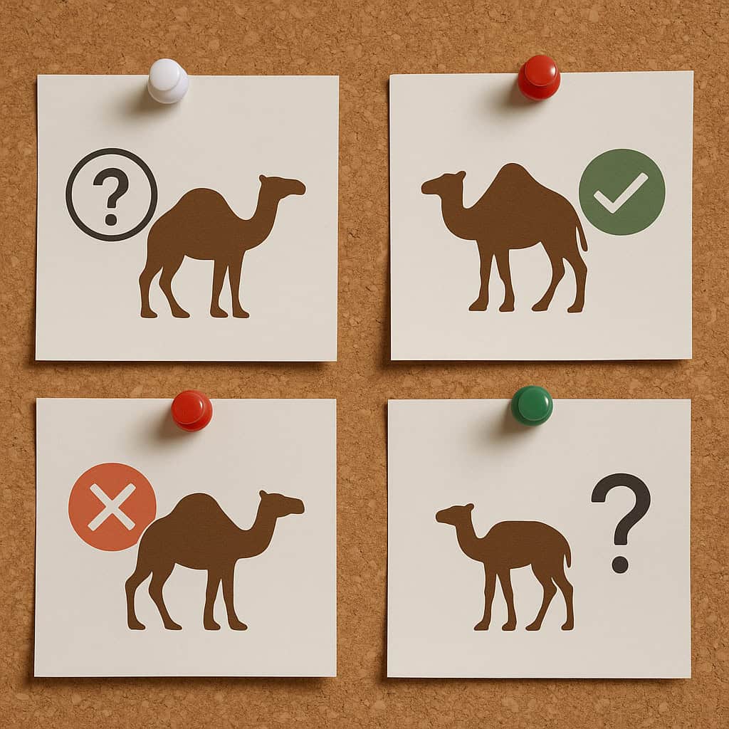 Camel icons with checkmarks and question marks