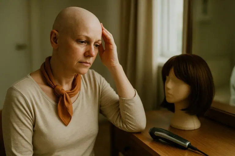 bald woman beside wig stand and clippers