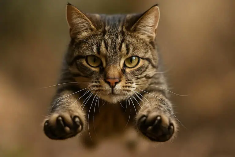 Close-up tabby cat mid-air