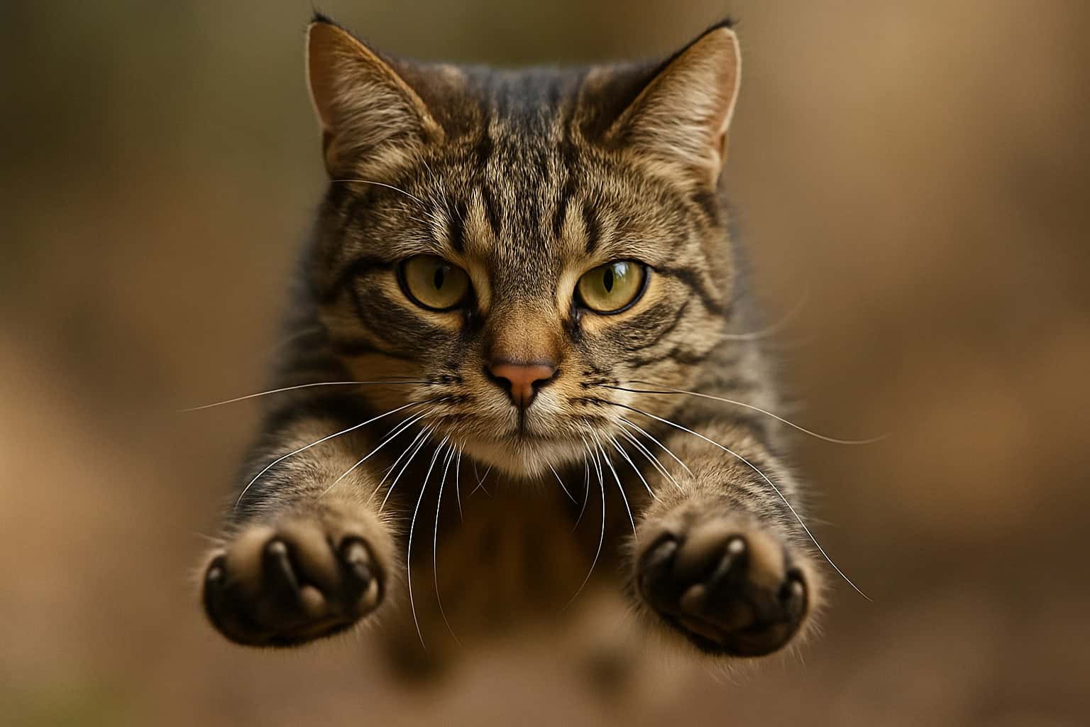 Close-up tabby cat mid-air