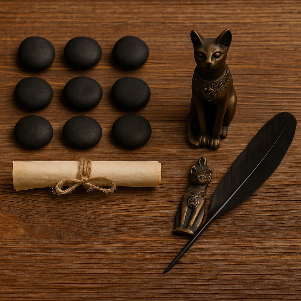 Nine stones, Bastet amulet, feather