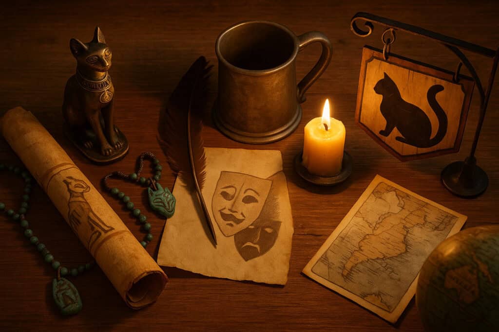 Bastet statue, tankard, papyrus, cat amulet