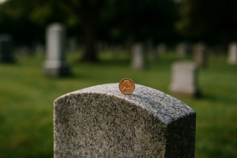 Penny on granite headstone.