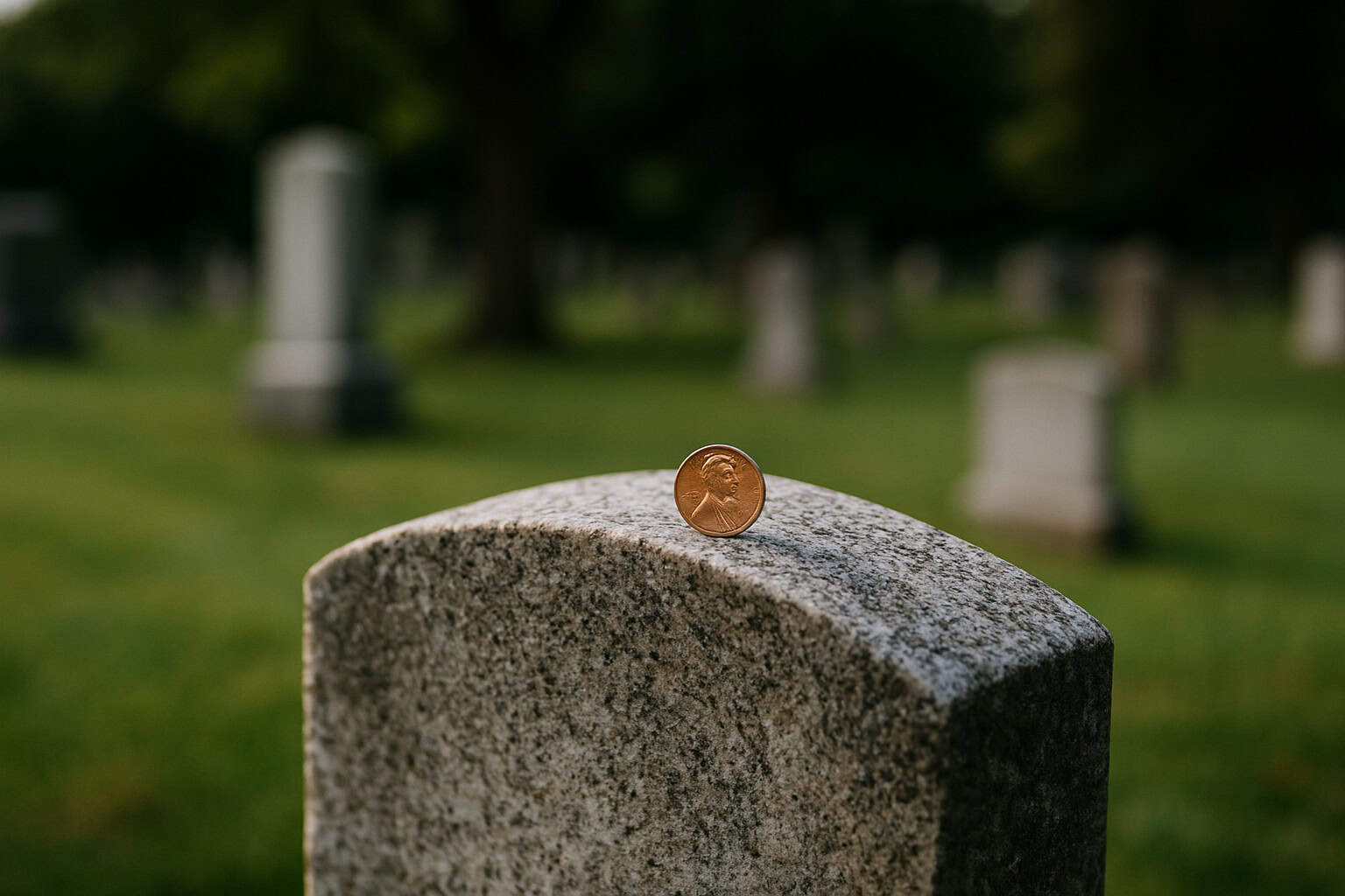 Penny on granite headstone.