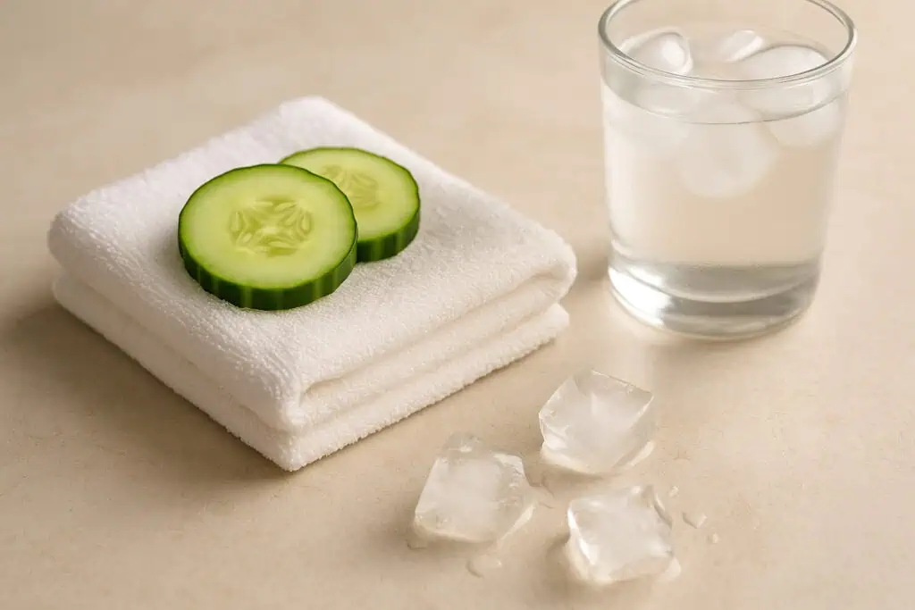 cucumber slices towel ice water