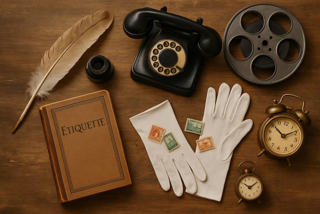 Etiquette book, film reel, gloves, clock