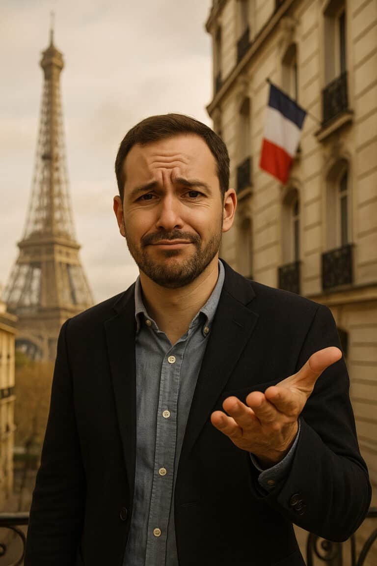 Man gesturing with Eiffel Tower
