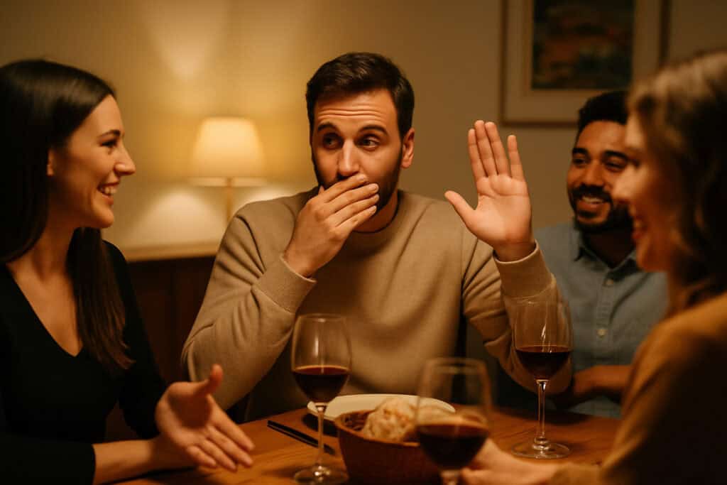 Speaker raising hand at dinner table