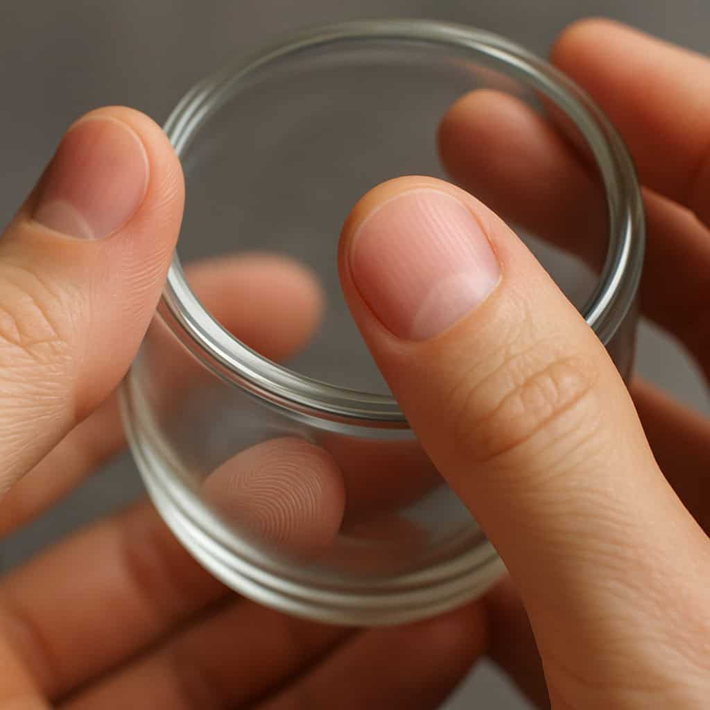 Fingertips gripping glass object