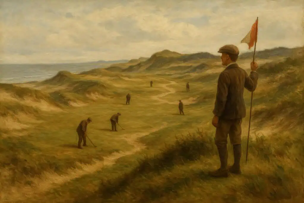 Forecaddie holding flag on links