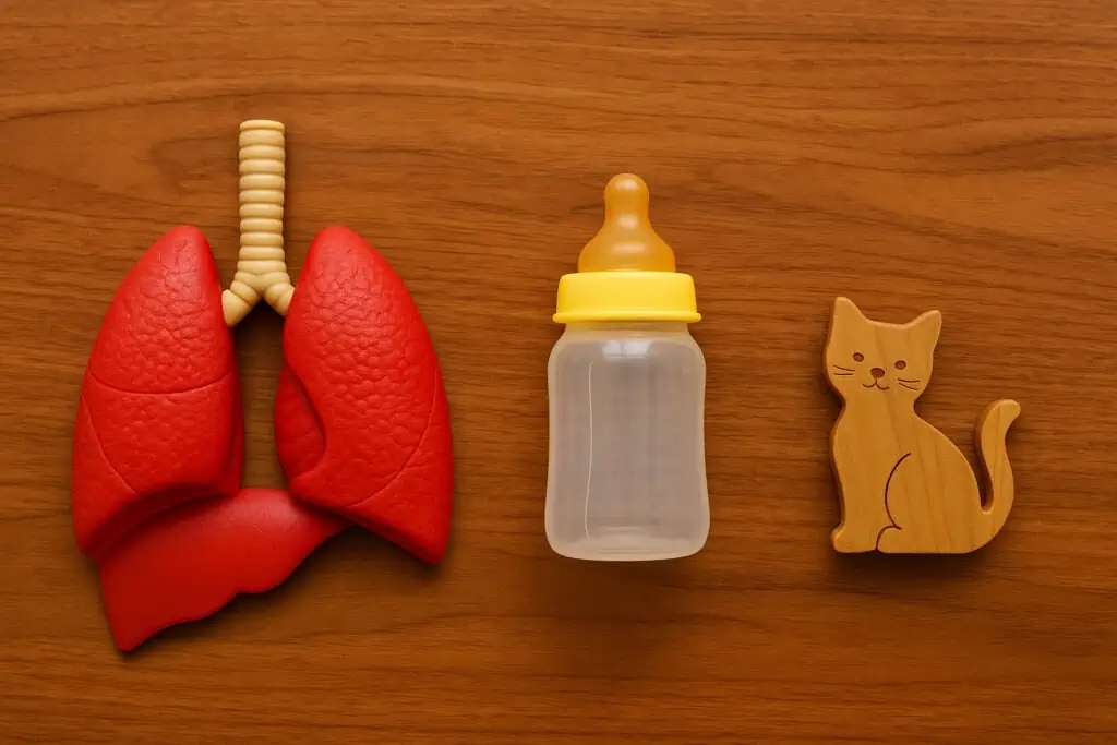 Lungs model, baby bottle, wooden cat.