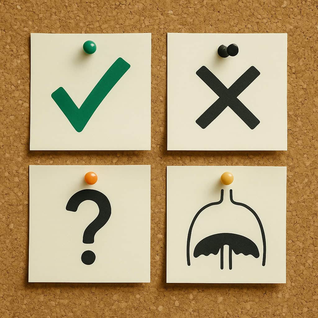 Cork board with check, X, question, diaphragm.