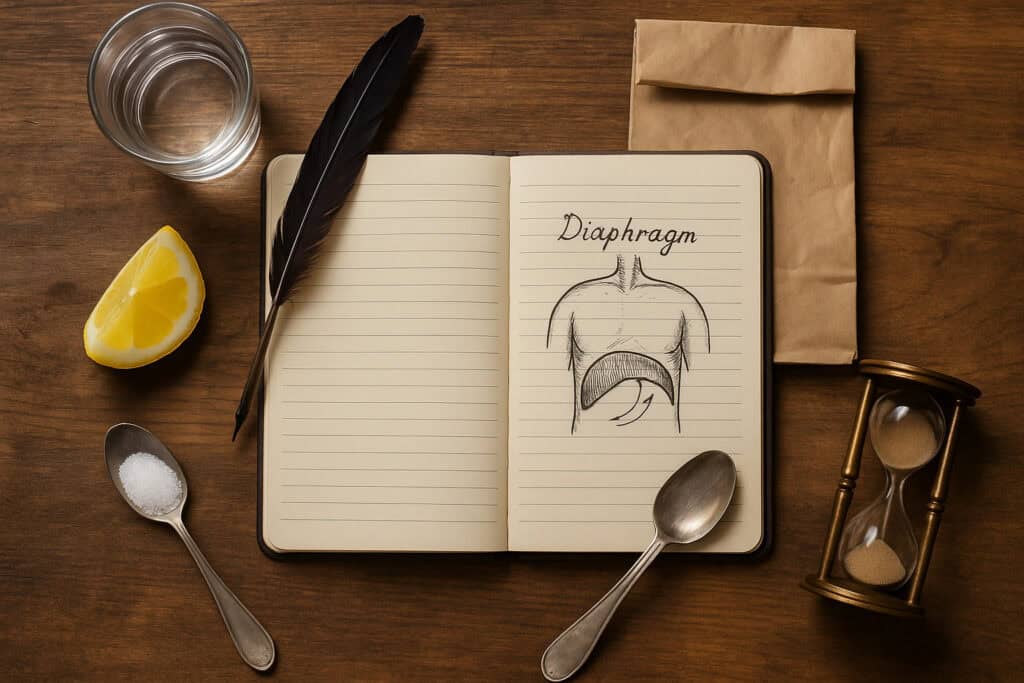 Notebook with diaphragm drawing, lemon, paper bag