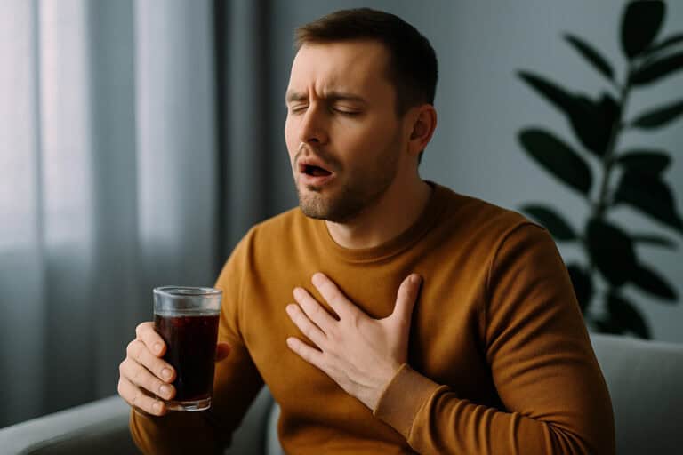 Person having a hiccup and holding chest with soda in his hand