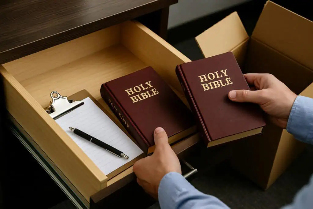 Volunteer restocking Holy Bibles in drawer
