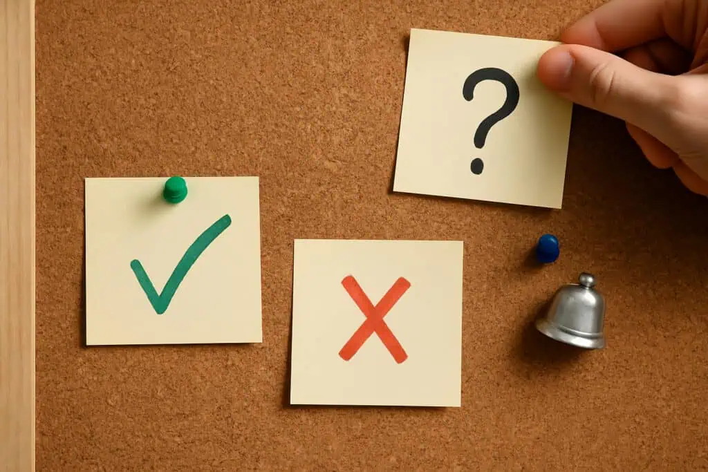 Corkboard with checkmark, X, and question note